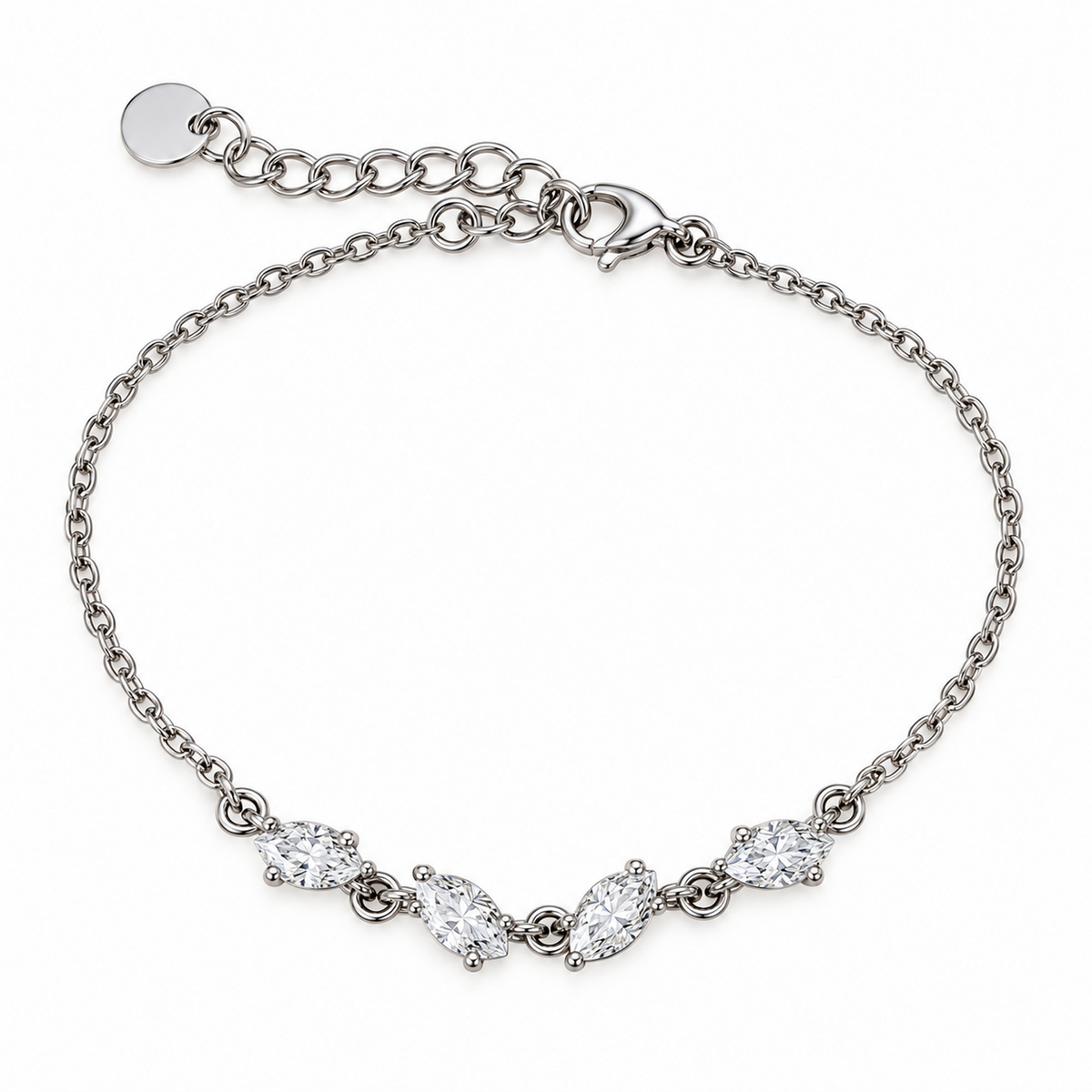 Bracciale in Acciaio Argentato con 4 Zirconi Bianchi a Goccia