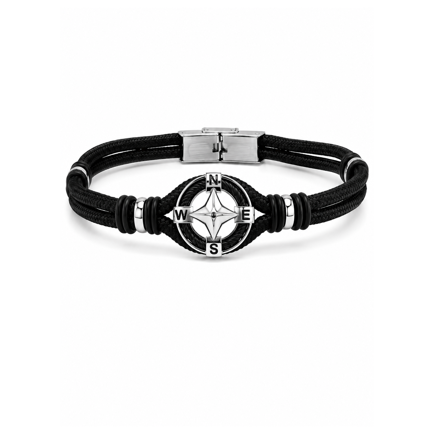 Bracciale Uomo Bussola in Acciaio e Cordino Nero