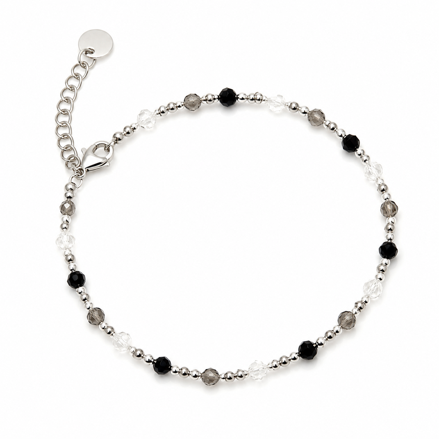 Bracciale con Perline Nere, Argento e Trasparenti in Acciaio