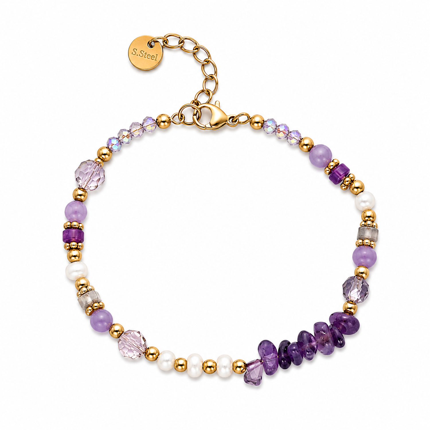 Bracciale in Acciaio Dorato con Perline e Cristalli Viola