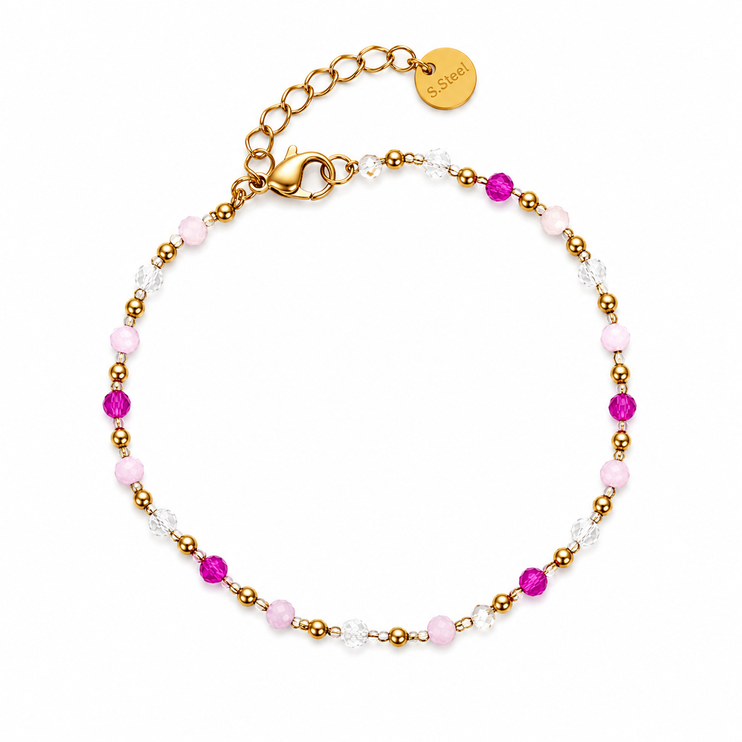 Bracciale in Acciaio Dorato con Perline Rosa, Fucsia e Trasparenti