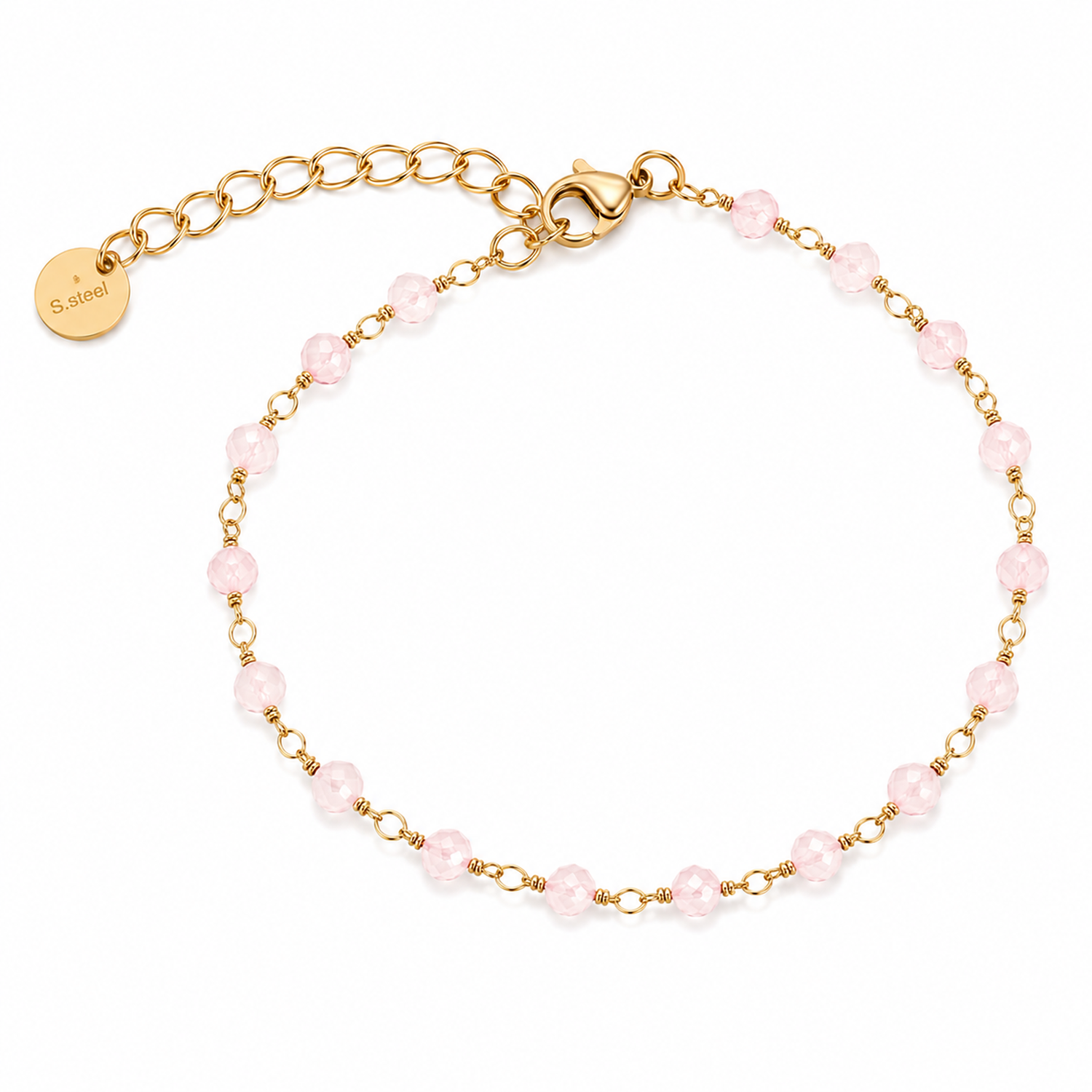 Bracciale con Perline Rosa in Acciaio Dorato