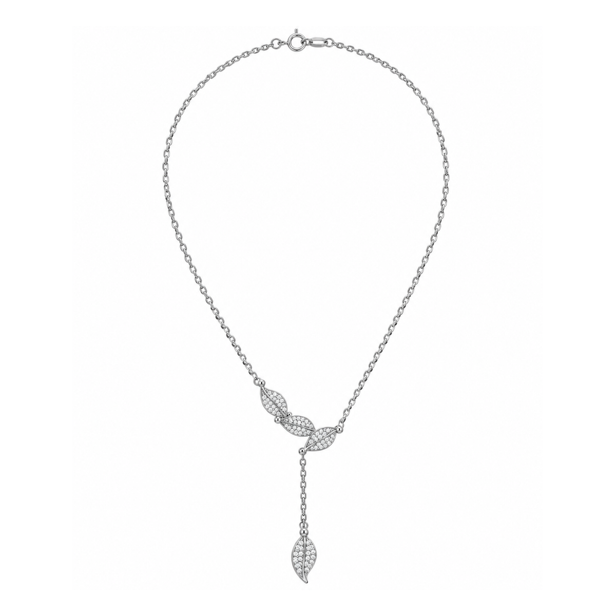 Collana in Acciaio Argentato con Foglie e Zirconi Bianchi