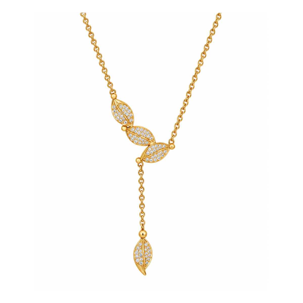 Collana in Acciaio Dorato con Foglie e Zirconi Bianchi