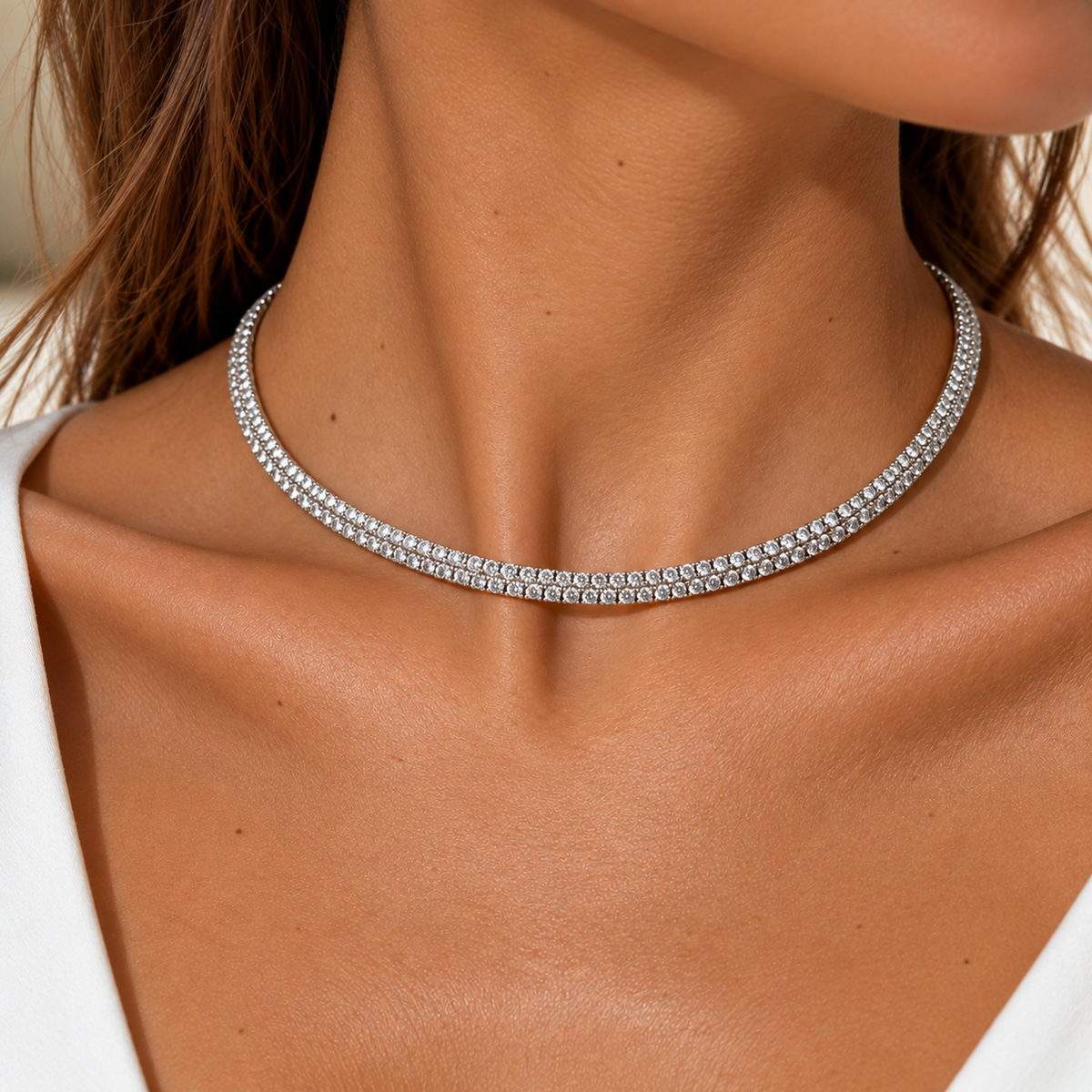 Collana Tennis Argentata con Doppio Filo di Zirconi