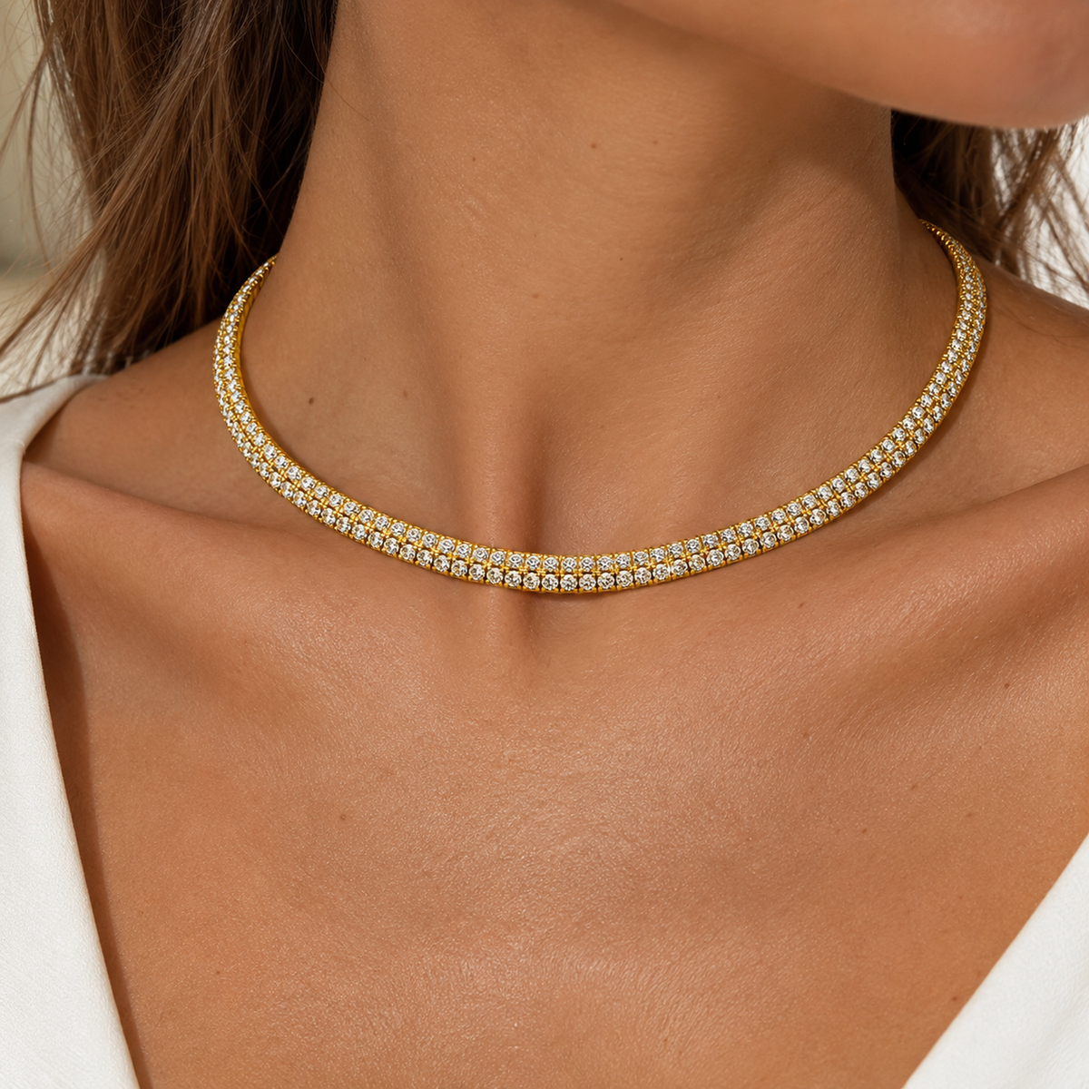 Collana Tennis Dorata con Doppio Filo di Zirconi