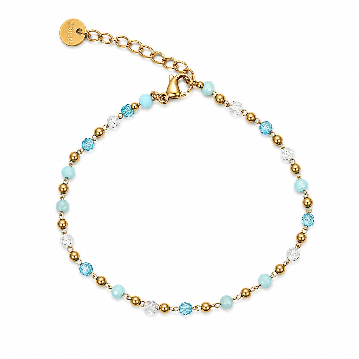 Bracciale in Acciaio Color Oro con Cristalli Azzurri e Bianchi
