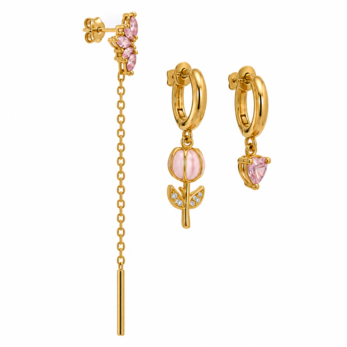 Set di Orecchini in Acciaio con Fiori e Pietre Rosa