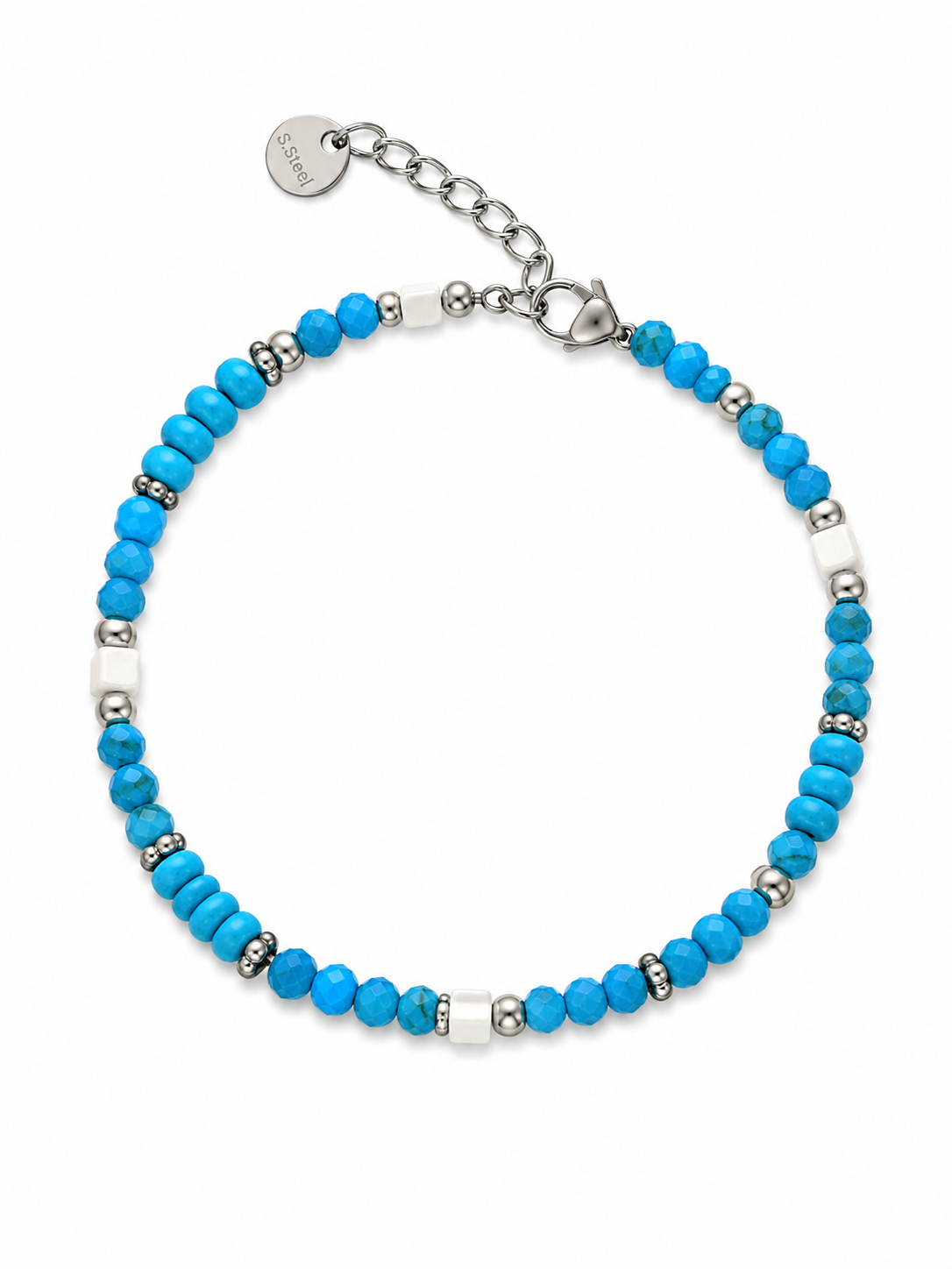 Bracciale in Acciaio con Perline Turchesi e Dettagli Bianchi