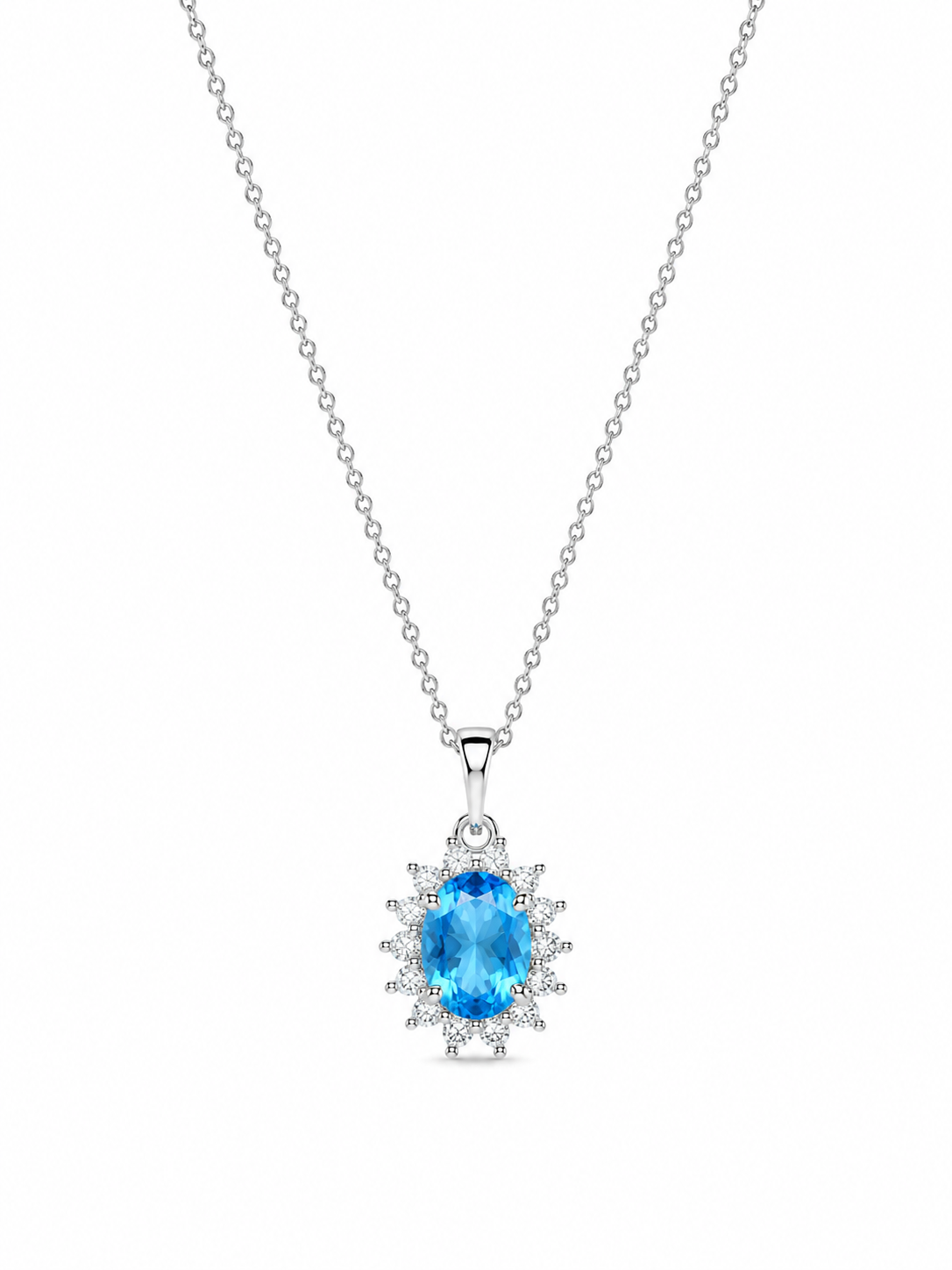 Collana in Acciaio Color Argento con Zircone Azzurro Ovale e Contorno di Cristalli