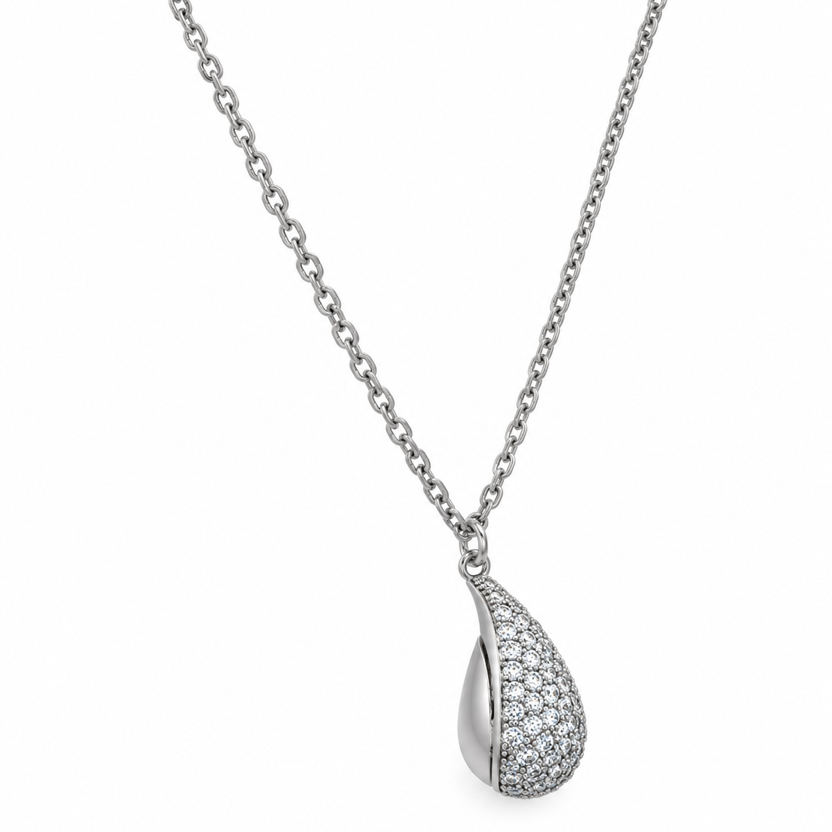 Collana in Acciaio Argentato con Ciondolo a Goccia e Zirconi Bianchi