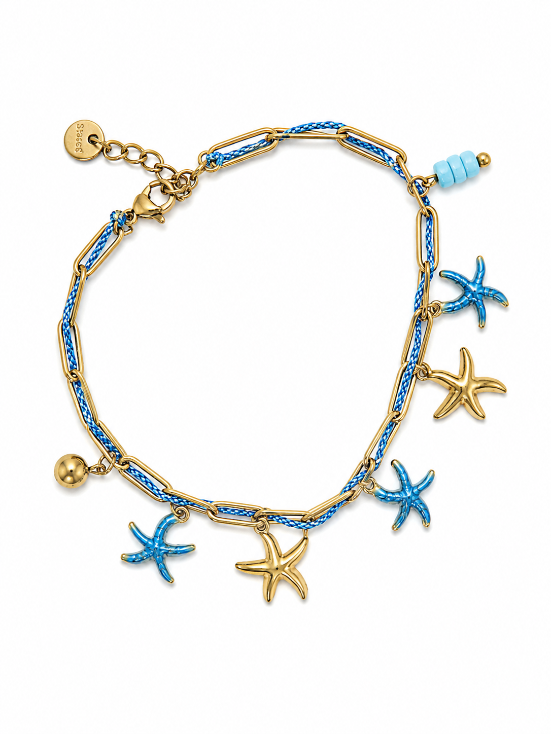 Bracciale in Acciaio Color Oro con Stelle Marine e Cordino Azzurro