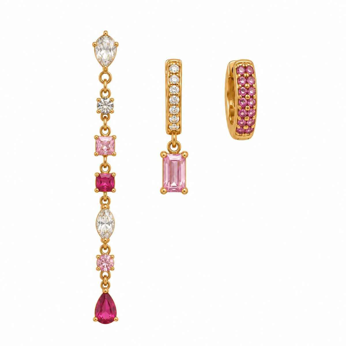 Set di Orecchini in Acciaio con Pietre Rosa e Bianche