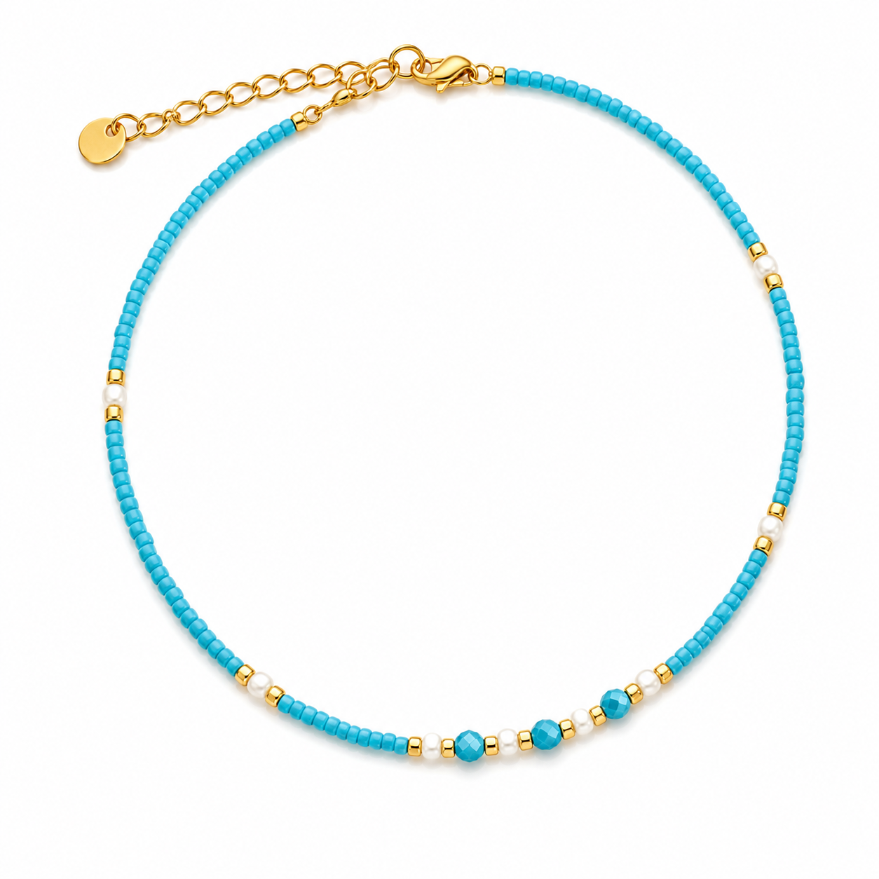 Cavigliera in Acciaio Color Oro con Perline Turchesi e Perle