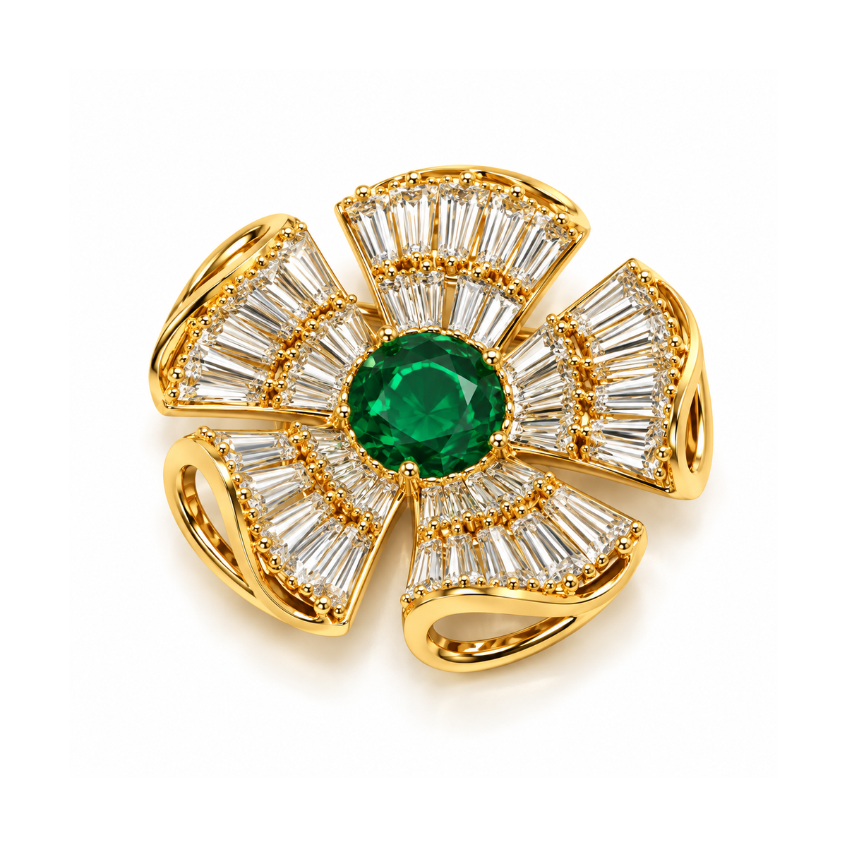 Spilla Fiore Dorata con Pietra Verde e Zirconi Bianchi