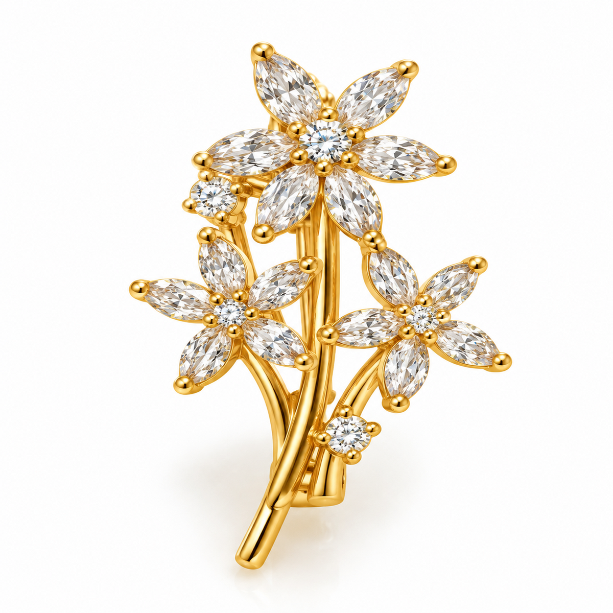 Spilla Bouquet di Fiori Dorata con Zirconi Bianchi