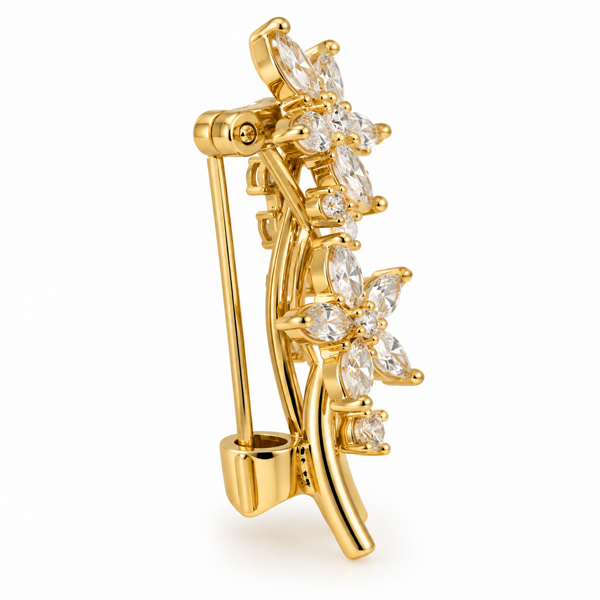 Spilla Bouquet di Fiori Dorata con Zirconi Bianchi